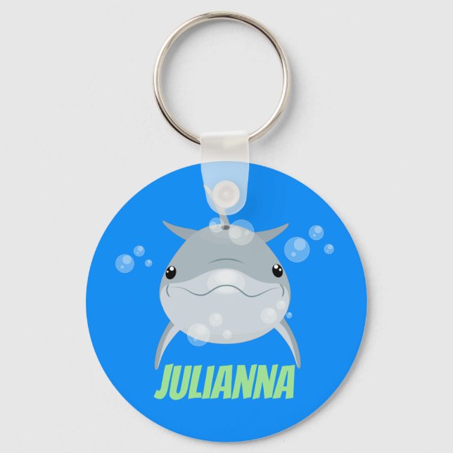 Cute happy kawaii dolphin cartoon illustration key ring (Front)