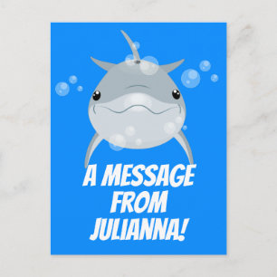 Cute happy kawaii dolphin cartoon illustration postcard