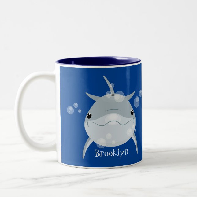 Cute happy kawaii dolphin cartoon Two-Tone coffee mug (Left)