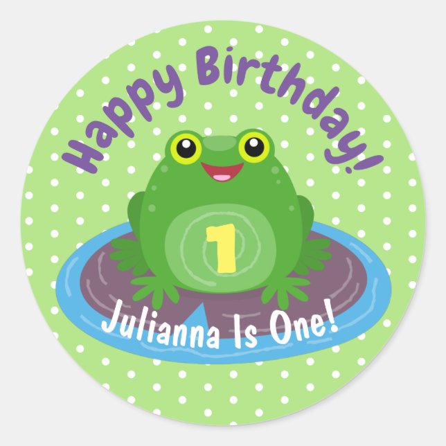Cute happy kawaii green frog cartoon illustration classic round sticker (Front)