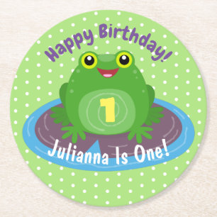 Cute happy kawaii green frog cartoon illustration round paper coaster