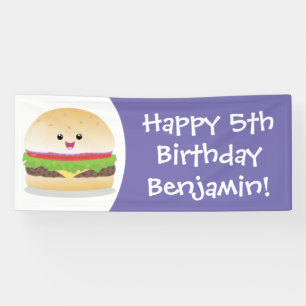 Cute happy kawaii hamburger cartoon banner