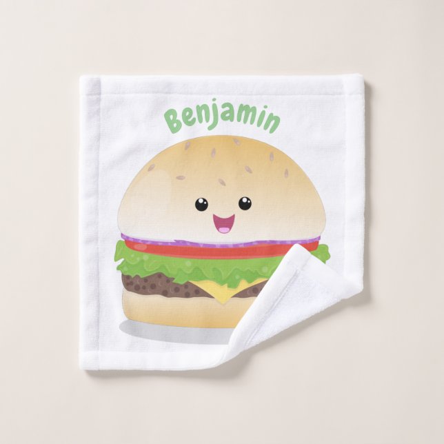Cute happy kawaii hamburger cartoon bath towel set (Wash Cloth)