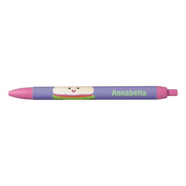 Cute happy kawaii hamburger cartoon black ink pen (Front)