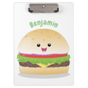 Cute happy kawaii hamburger cartoon clipboard