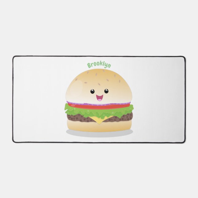 Cute happy kawaii hamburger cartoon desk mat (Front)