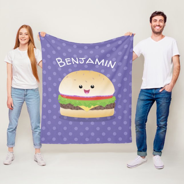 Cute happy kawaii hamburger cartoon fleece blanket (In Situ)
