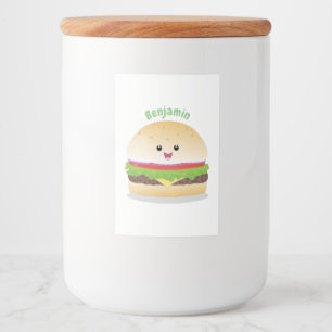 Cute happy kawaii hamburger cartoon food label