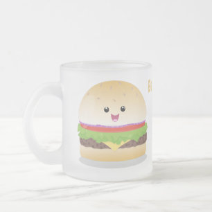 Cute happy kawaii hamburger cartoon frosted glass coffee mug