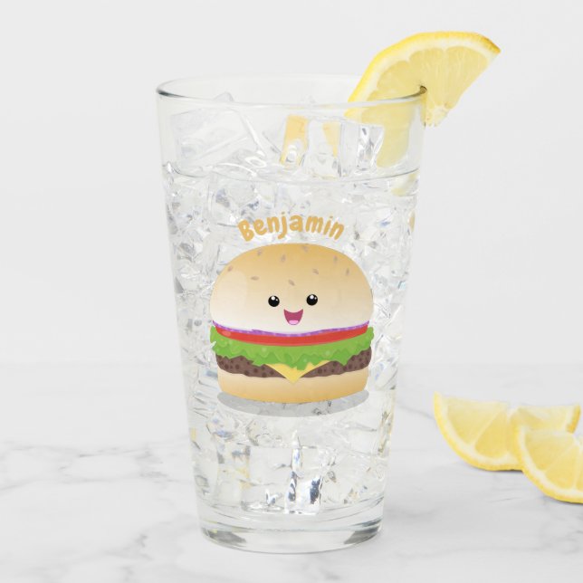 Cute happy kawaii hamburger cartoon glass (Back Ice)
