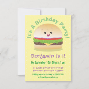 Cute happy kawaii hamburger cartoon invitation