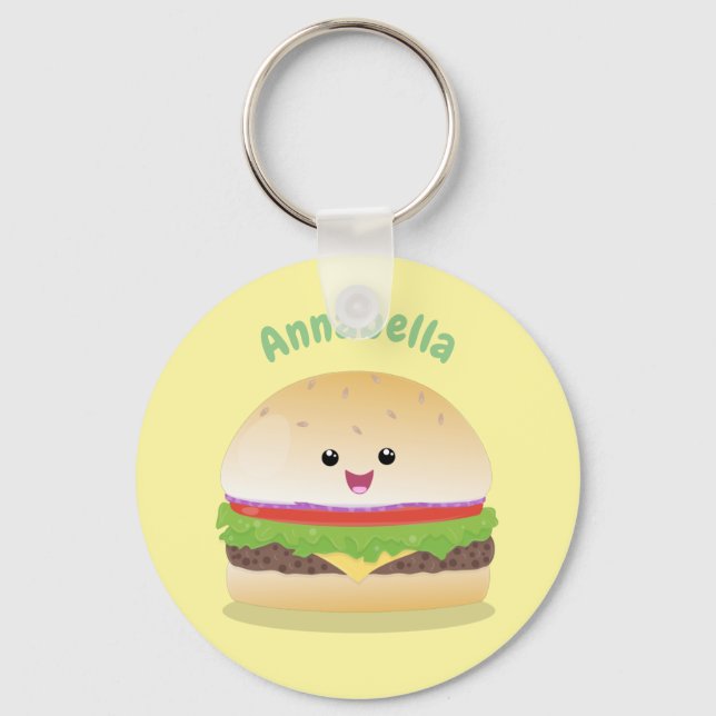 Cute happy kawaii hamburger cartoon key ring (Front)