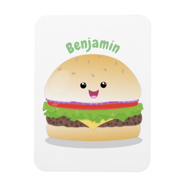 Cute happy kawaii hamburger cartoon magnet (Vertical)