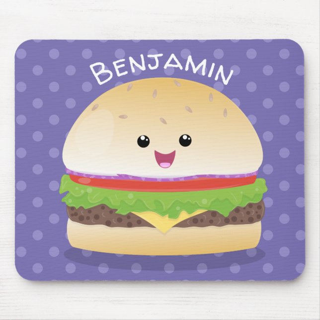 Cute happy kawaii hamburger cartoon mouse mat (Front)