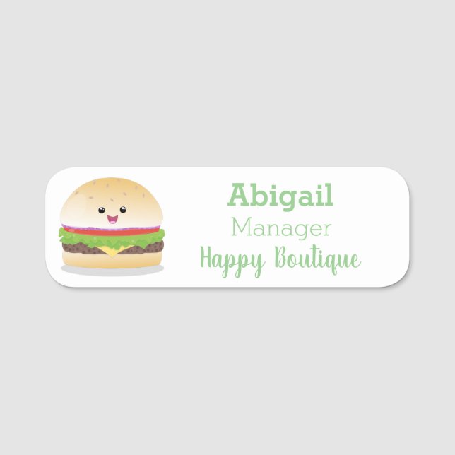 Cute happy kawaii hamburger cartoon  name tag (Front)