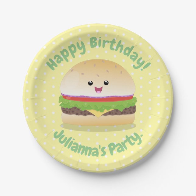 Cute happy kawaii hamburger cartoon paper plate (Front)