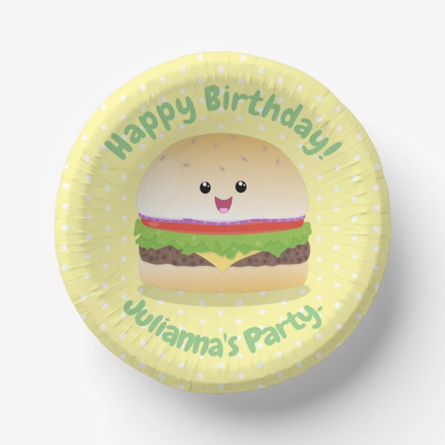 Cute happy kawaii hamburger cartoon paper plate (Front)
