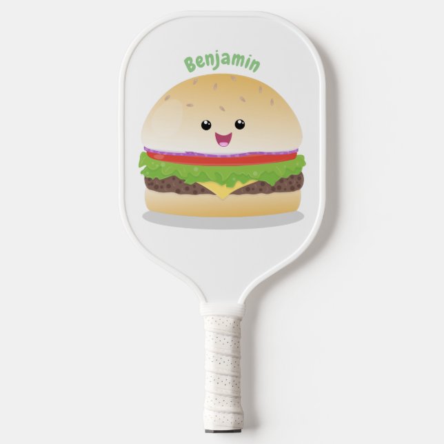 Cute happy kawaii hamburger cartoon pickleball paddle (Front)