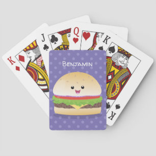 Cute happy kawaii hamburger cartoon playing cards