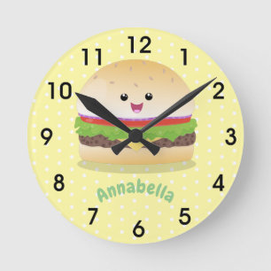 Cute happy kawaii hamburger cartoon round clock
