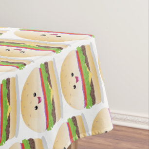 Cute happy kawaii hamburger cartoon tablecloth