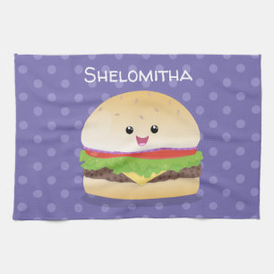 Cute happy kawaii hamburger cartoon tea towel
