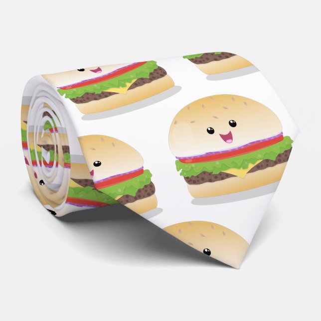 Cute happy kawaii hamburger cartoon tie (Rolled)