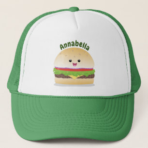 Cute happy kawaii hamburger cartoon trucker hat