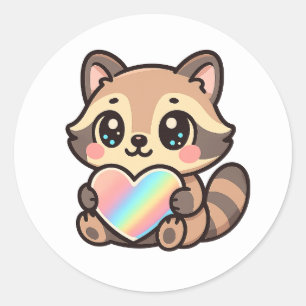 Cute Happy Kawaii Raccoon with Rainbow Heart Classic Round Sticker