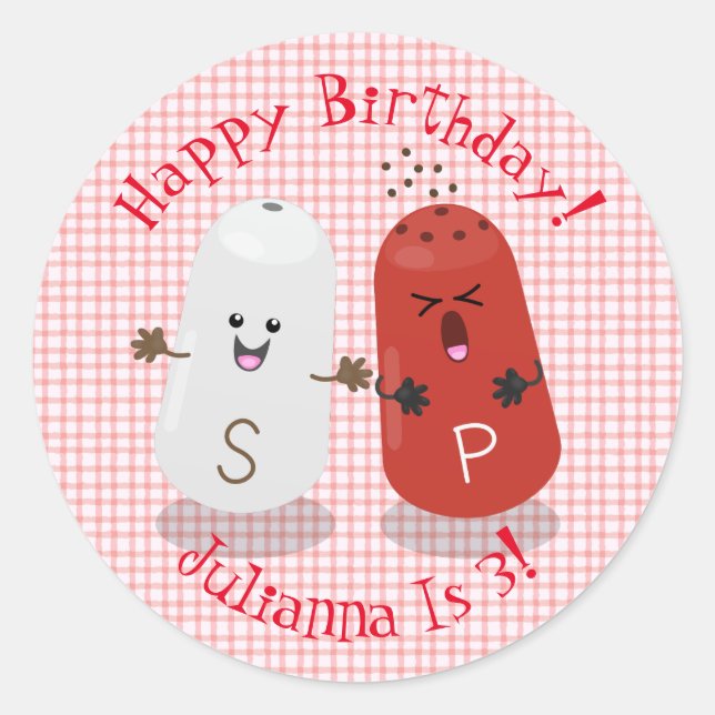 Cute happy kawaii salt and pepper cartoon classic round sticker (Front)