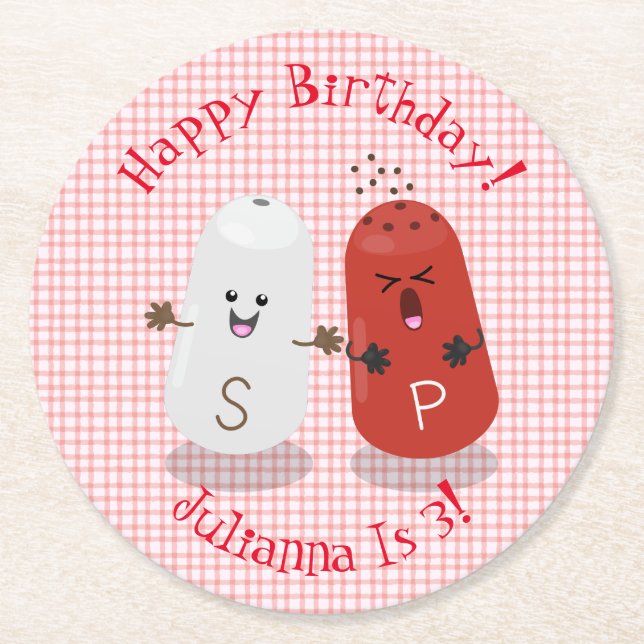 Cute happy kawaii salt and pepper cartoon round paper coaster (Front)