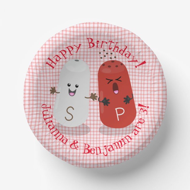 Cute happy kawaii salt and pepper twins cartoon paper plate (Front)