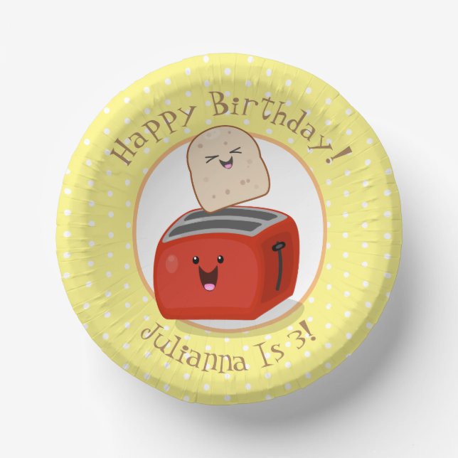Cute happy kawaii toaster cartoon illustration paper plate (Front)