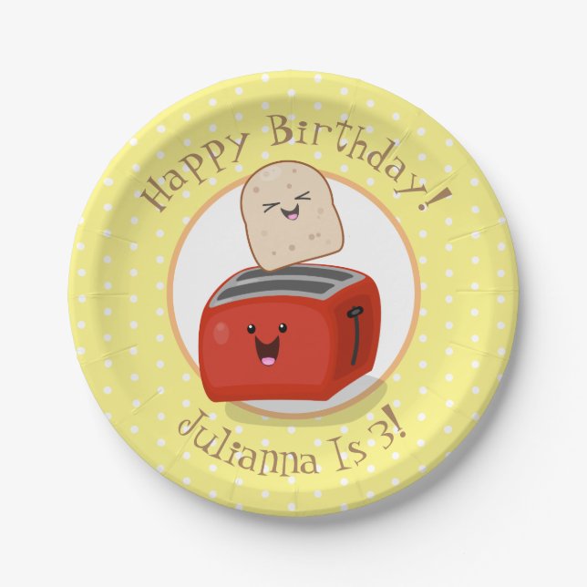 Cute happy kawaii toaster cartoon illustration paper plate (Front)