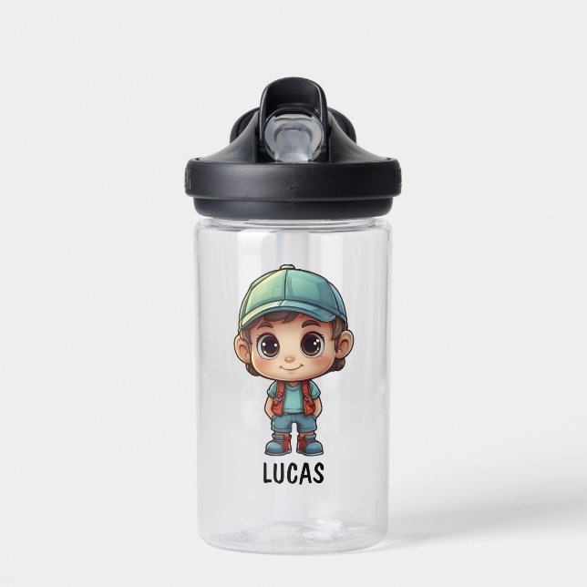 Cute Happy Kid Camper Personalise  Water Bottle (Front)
