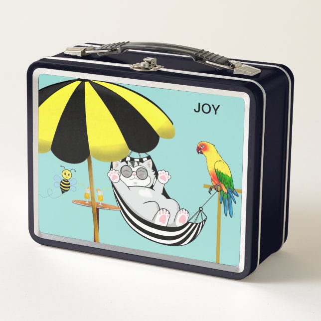 Cute Happy Kitty Cat. Bee & Parrot Metal Lunch Box (Front)