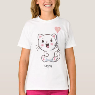 Cute Happy Kitty Cat & Heart Balloon T-Shirt