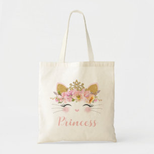 Cute Happy Kitty Cat Princess Floral Gold Crown Tote Bag