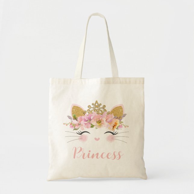 Cute Happy Kitty Cat Princess Floral Gold Crown Tote Bag (Front)