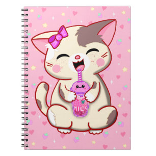 Cute Happy Kitty Pink Strawberry Milk Notebook 