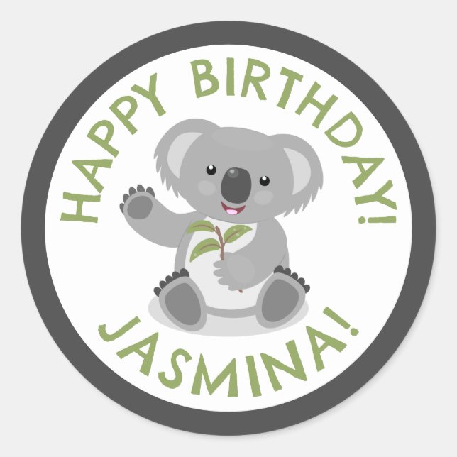 Cute happy koala personalised cartoon birthday classic round sticker (Front)
