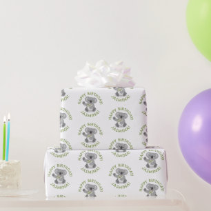 Cute happy koala personalised cartoon birthday wrapping paper