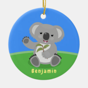 Cute happy koala waving cartoon illustration ceramic tree decoration