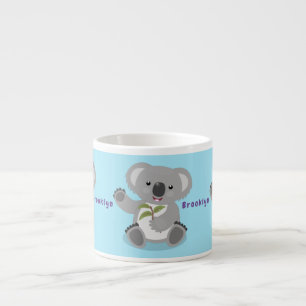 Cute happy koala waving cartoon illustration espresso cup