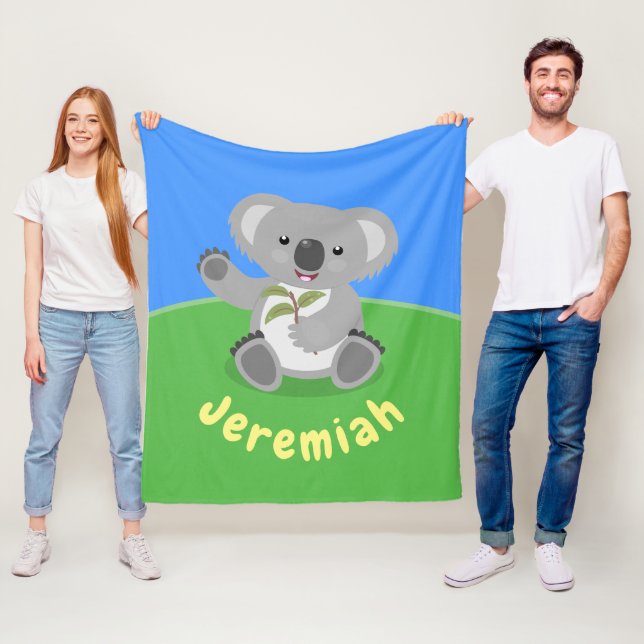 Cute happy koala waving cartoon illustration fleece blanket (In Situ)