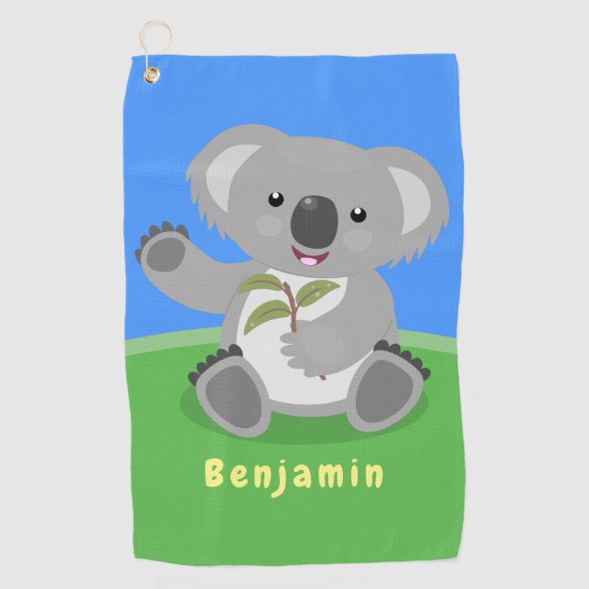Cute happy koala waving cartoon illustration golf towel (Front)