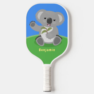 Cute happy koala waving cartoon illustration pickleball paddle