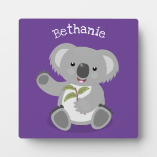 Cute happy koala waving cartoon illustration plaque