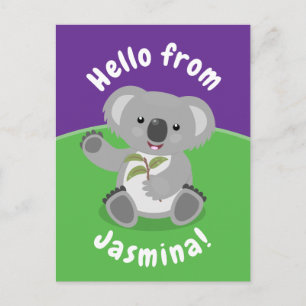 Cute happy koala waving cartoon illustration postcard