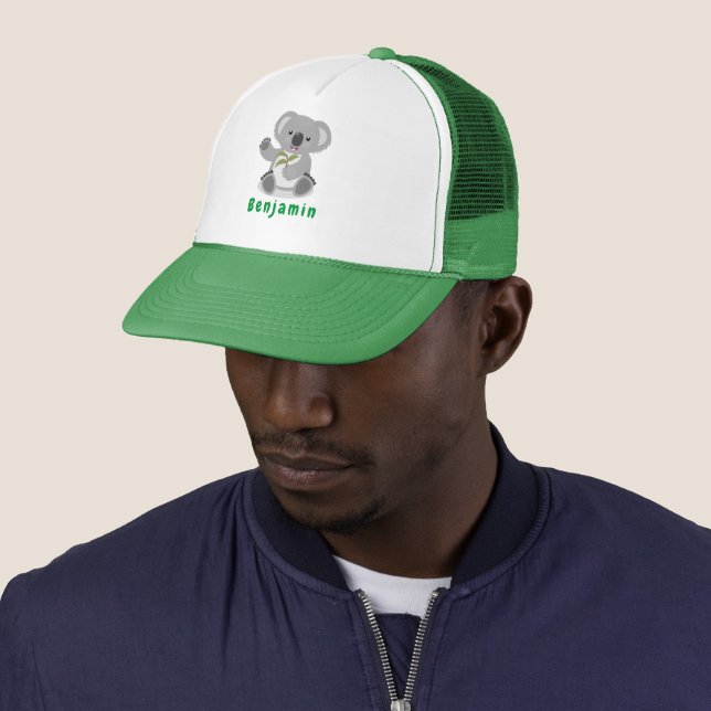 Cute happy koala waving cartoon illustration trucker hat (In Situ)